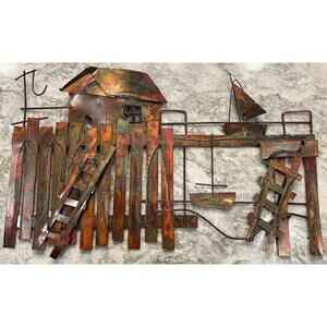 Metal Sailboat Beach Pier Wall Hanging 1970's Sculpture